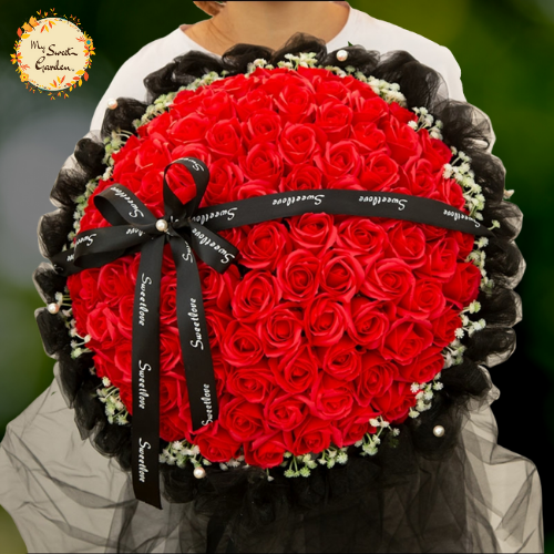 99pcs Red Soap Rose & Baby Breath with Ribbon Bouquet