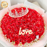 99pcs Red Soap Rose with Crown and Love LED (Black/White Chiffon) Bouquet