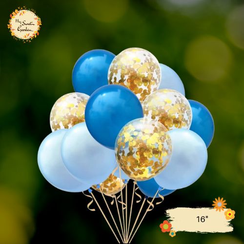 [TRIO] Blue Sky, Blue Cerulean, Confetti Gold Helium Latex Balloon