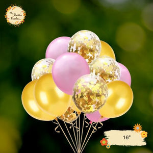 [TRIO] Gold, Pink Crepe, Confetti Gold Helium Latex Balloon