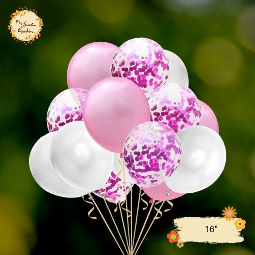 [TRIO] Pink Crepe, White, Confetti Pink Fuscia Helium Latex Balloon