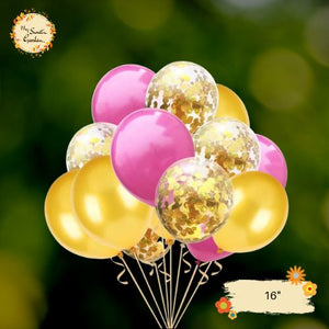 [TRIO] Pink Fuscia, Gold, Confetti Gold Helium Latex Balloon
